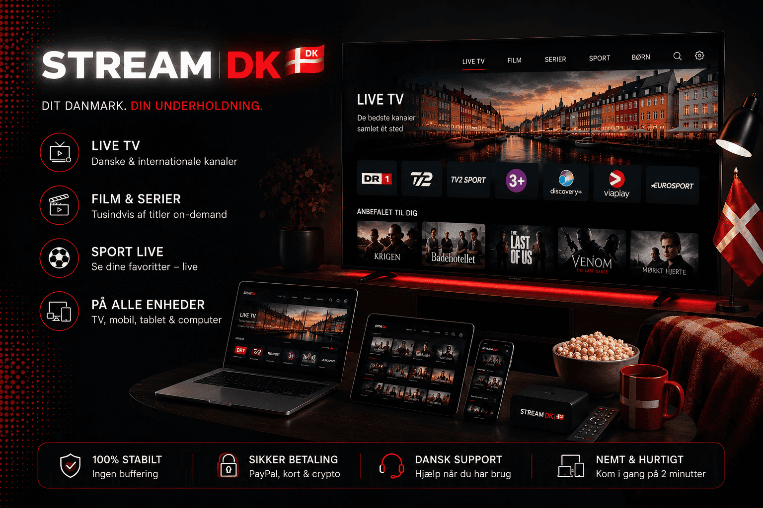STREAM DK — alle danske kanaler, sport og film samlet i én app på tv, computer, tablet og telefon