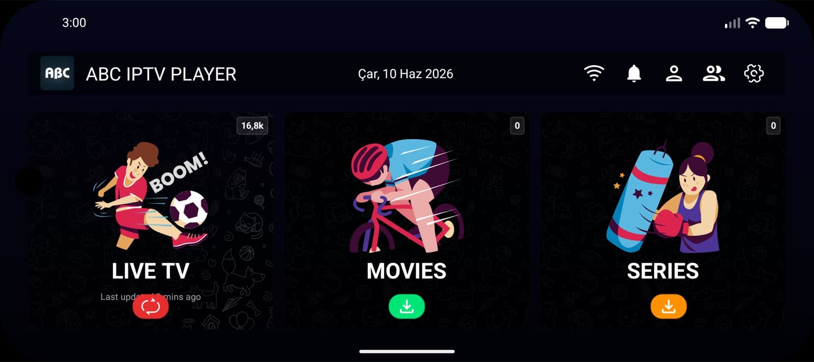 ABC IPTV Player's hovedskærm med Live TV, Movies og Series