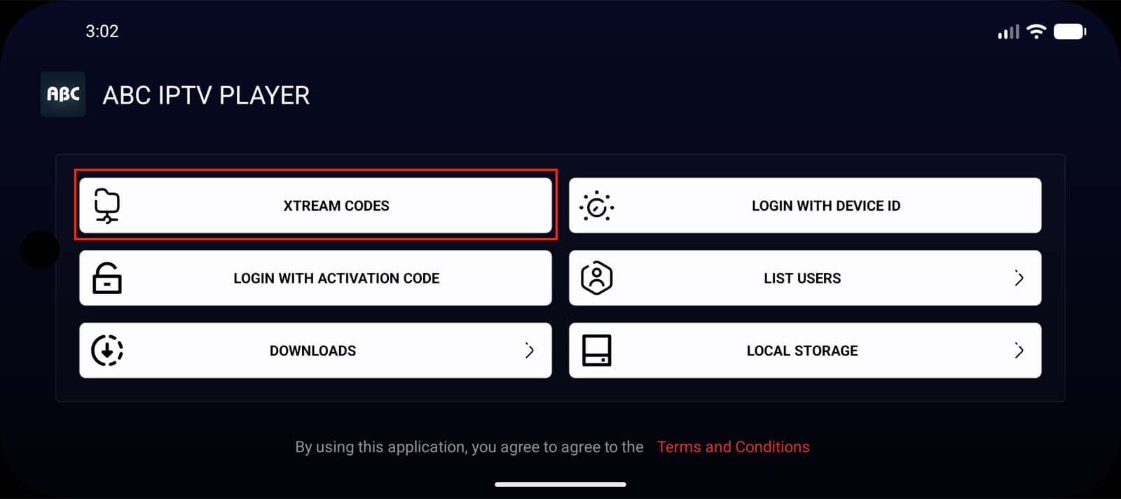 XTREAM CODES valgt som login-metode i ABC IPTV Player